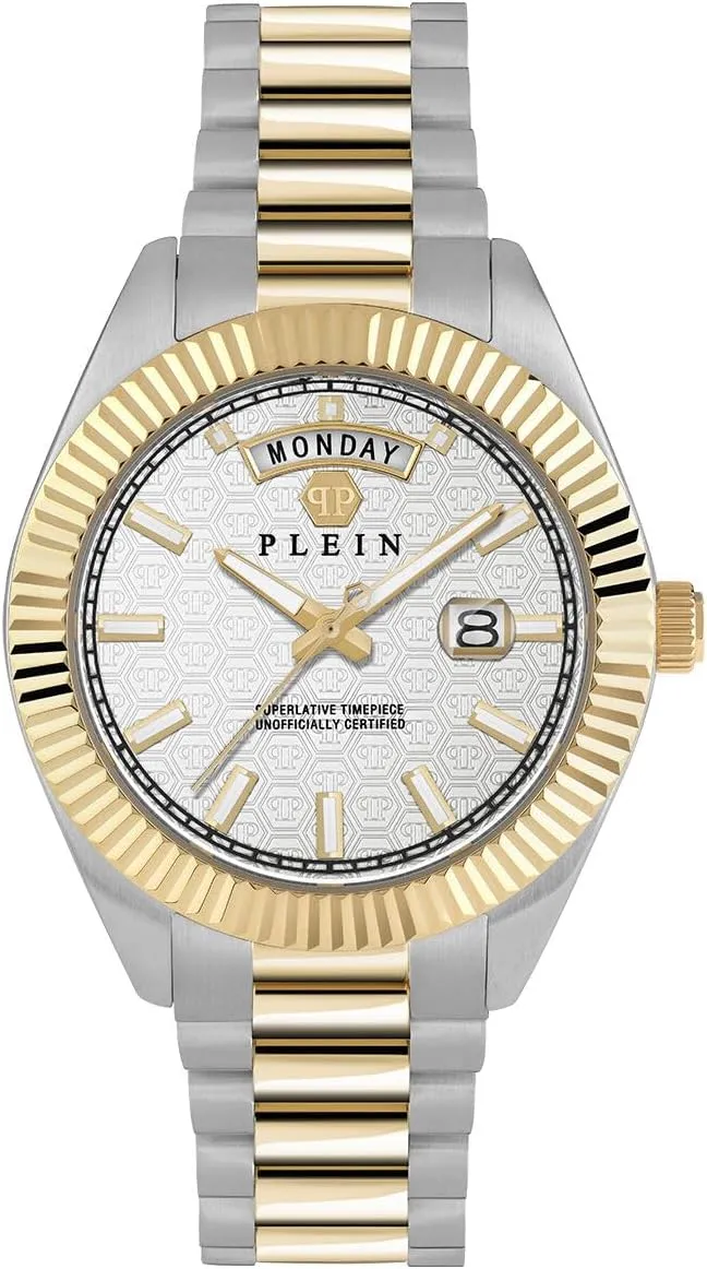 Philipp Plein Date Superlative Collection Luxury Mens Watch Timepieces with a Two Tone Bracelet and Case Featuring a Silver Dial