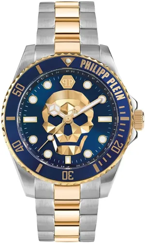 Philipp Plein The $Kull Diver Collection Luxury Mens Watch Timepieces with a Two Tone Bracelet and Case Featuring a Blue Dial