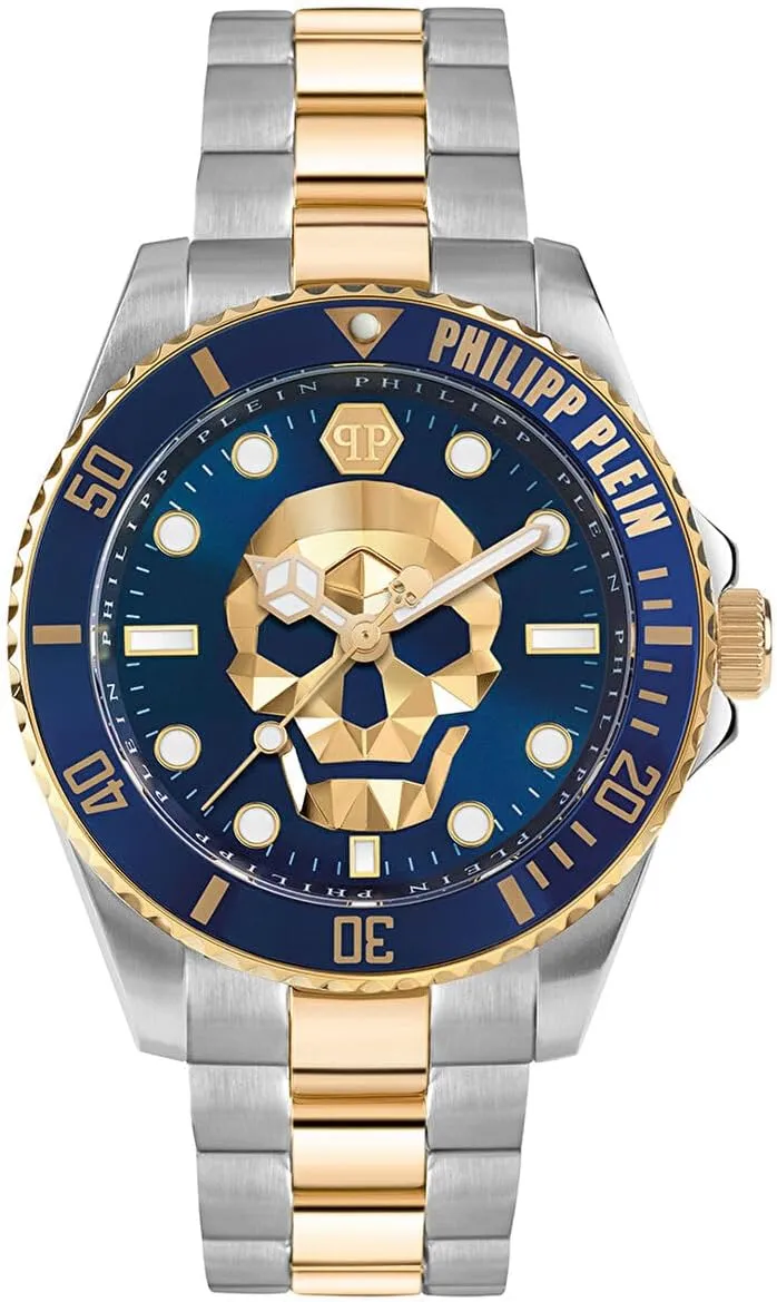 Philipp Plein The $Kull Diver Collection Luxury Mens Watch Timepieces with a Two Tone Bracelet and Case Featuring a Blue Dial