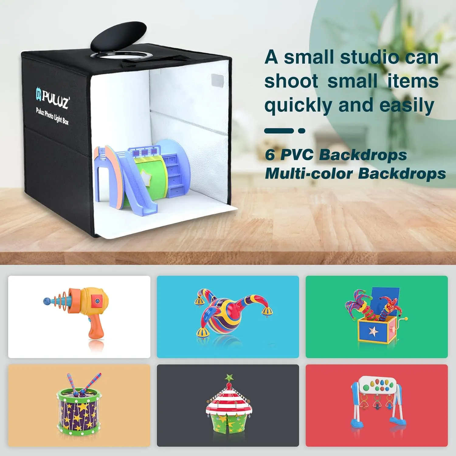 Photo Box, PULUZ Mini Folding Lightbox Portable Light Box Photography Shooting Tent Box Kit with 120pcs LED Lights 6 Colors Backdrops Photo Light Box for Phones DSLR Camera 12 x 12 inch