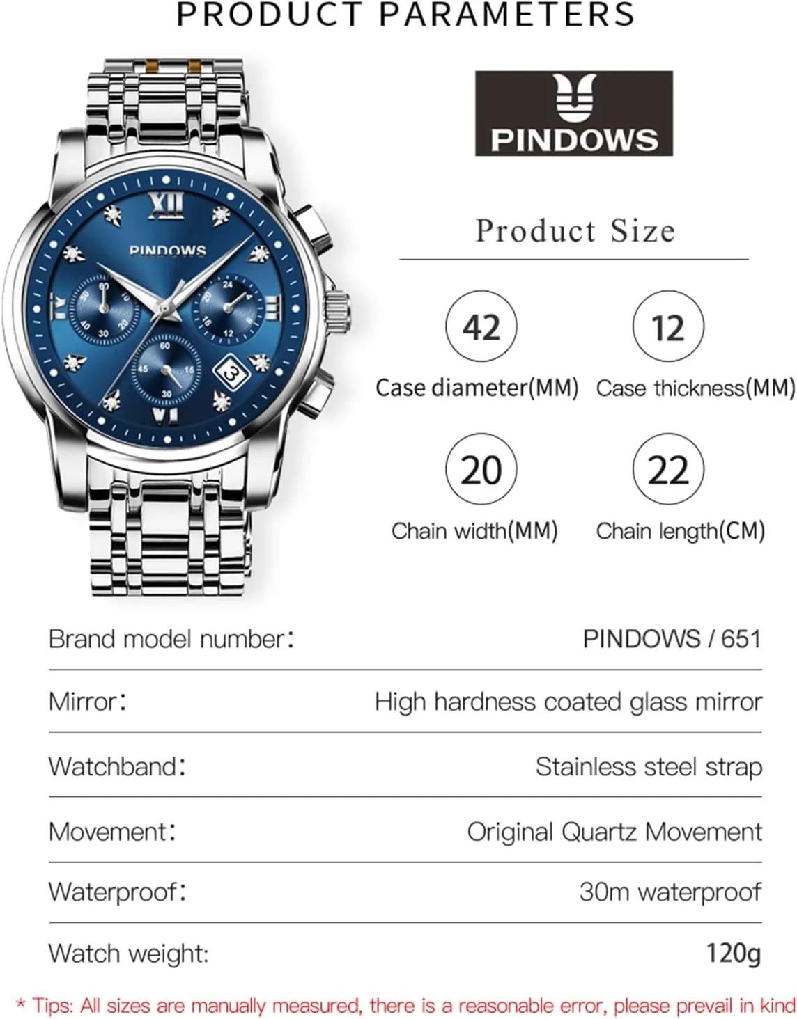 PINDOWS Watches for Men Diamond Date Calendar Quartz Watches Analog Stainless Steel Waterproof Luminous Two Tone Business Watch