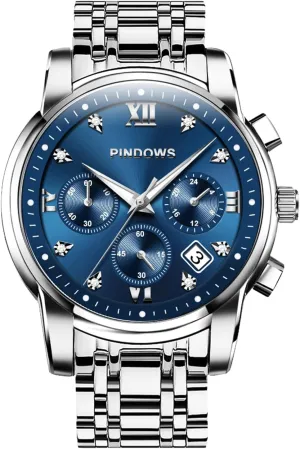 PINDOWS Watches for Men Diamond Date Calendar Quartz Watches Analog Stainless Steel Waterproof Luminous Two Tone Business Watch