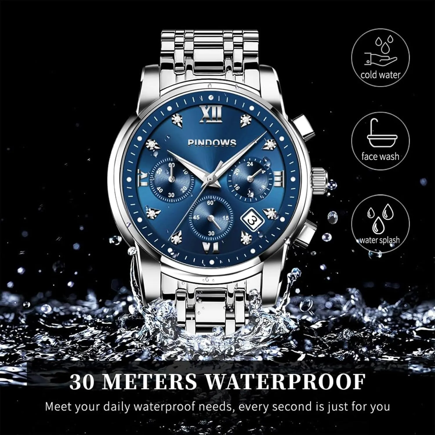PINDOWS Watches for Men Diamond Date Calendar Quartz Watches Analog Stainless Steel Waterproof Luminous Two Tone Business Watch
