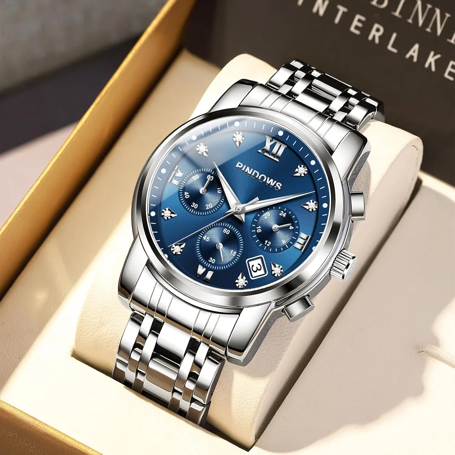 PINDOWS Watches for Men Diamond Date Calendar Quartz Watches Analog Stainless Steel Waterproof Luminous Two Tone Business Watch