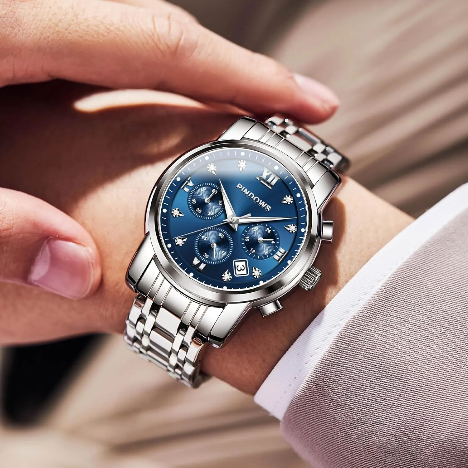 PINDOWS Watches for Men Diamond Date Calendar Quartz Watches Analog Stainless Steel Waterproof Luminous Two Tone Business Watch