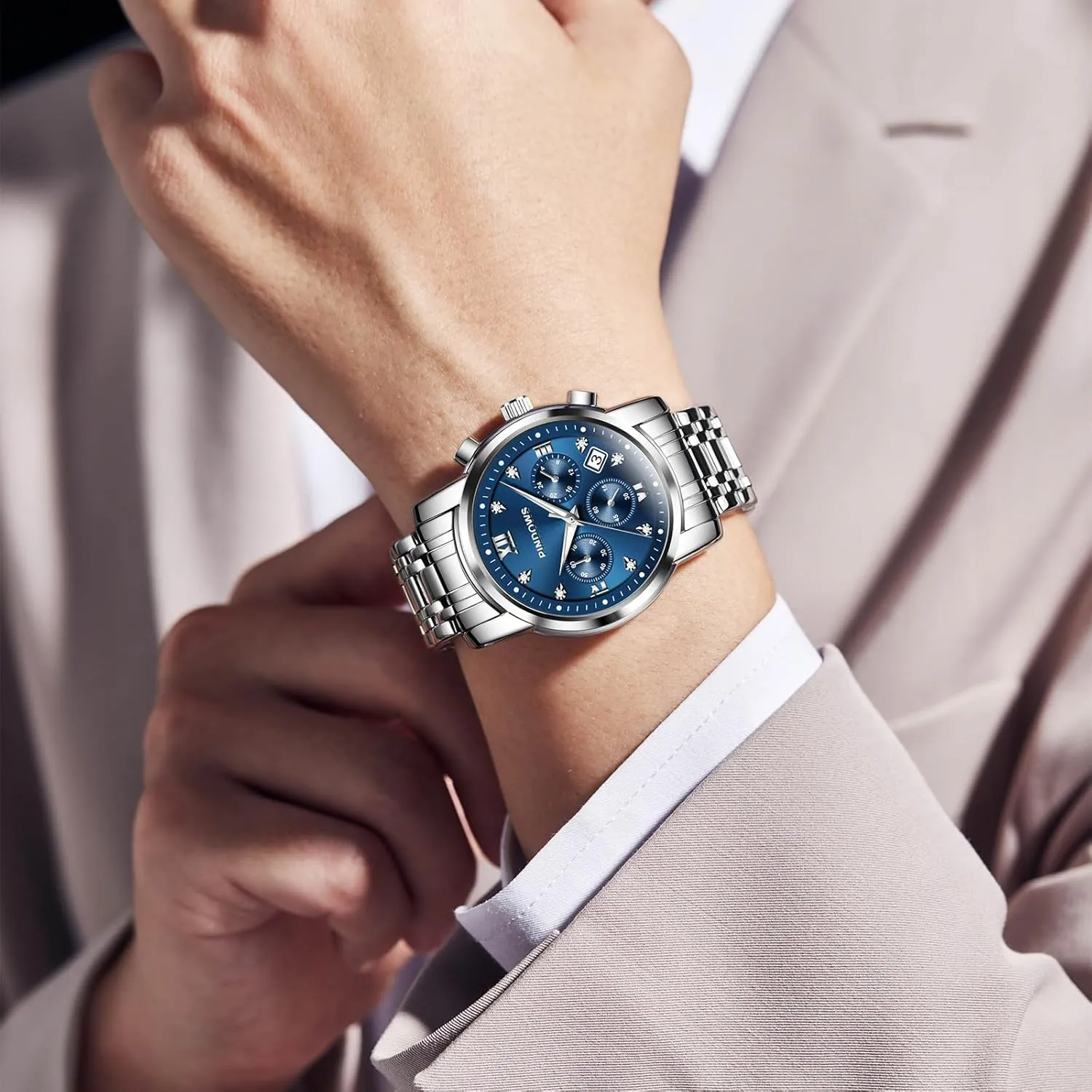 PINDOWS Watches for Men Diamond Date Calendar Quartz Watches Analog Stainless Steel Waterproof Luminous Two Tone Business Watch