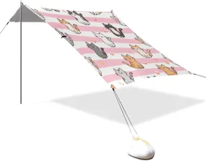 Pink White Stripes Cartoon Cat Designed UPF50 Foldable Beach Cabana Easy Setup Large Sun Shade with Sandbags, Sand Shovel, Poles for Backyard and Camping Parasol Beach