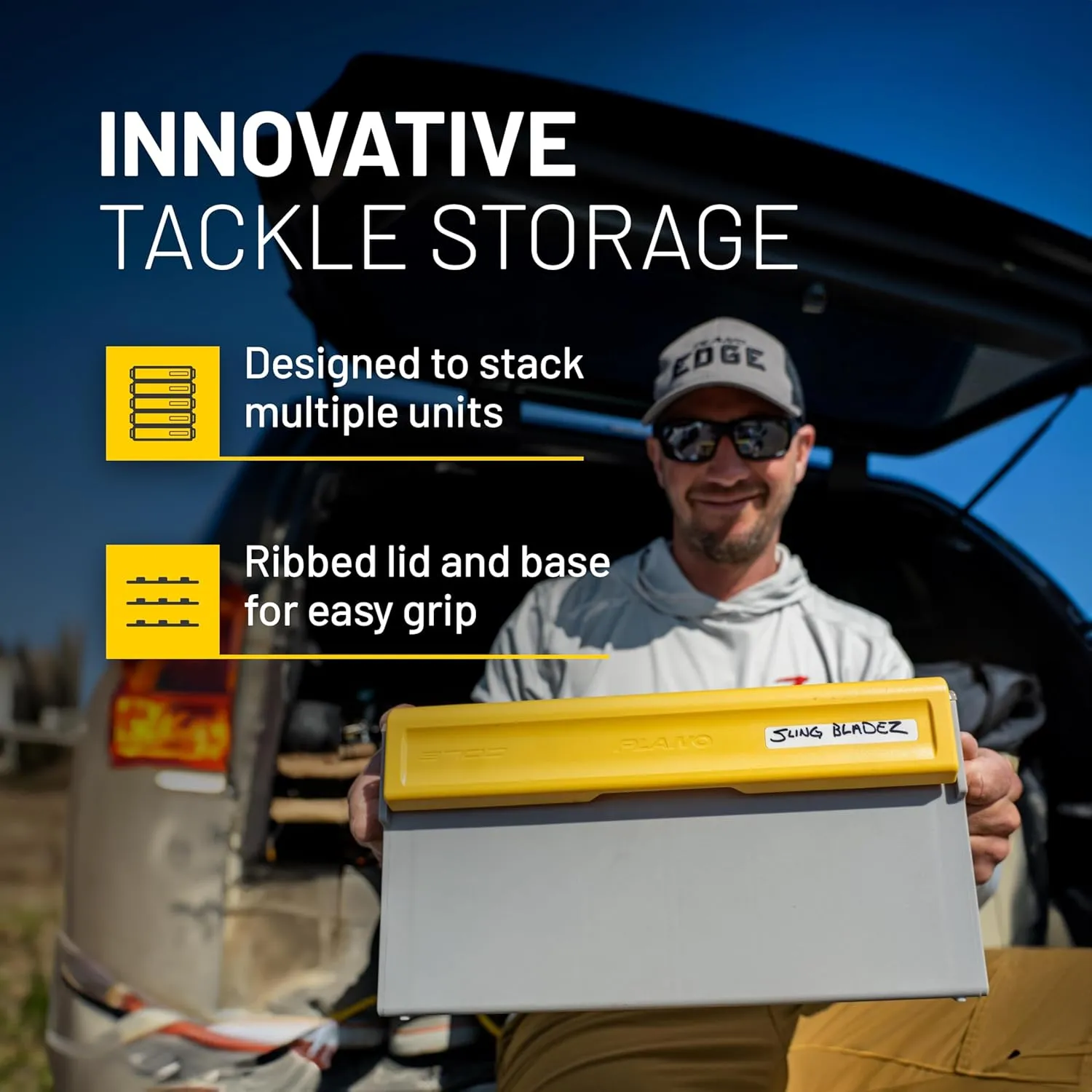 Plano EDGE Premium Spinnerbait Tackle Utility Box, Clear and Yellow, Rust-Resistant Storage, Waterproof Tackle Tray Organizer for Buzz Baits, Swimbaits, and Crankbaits