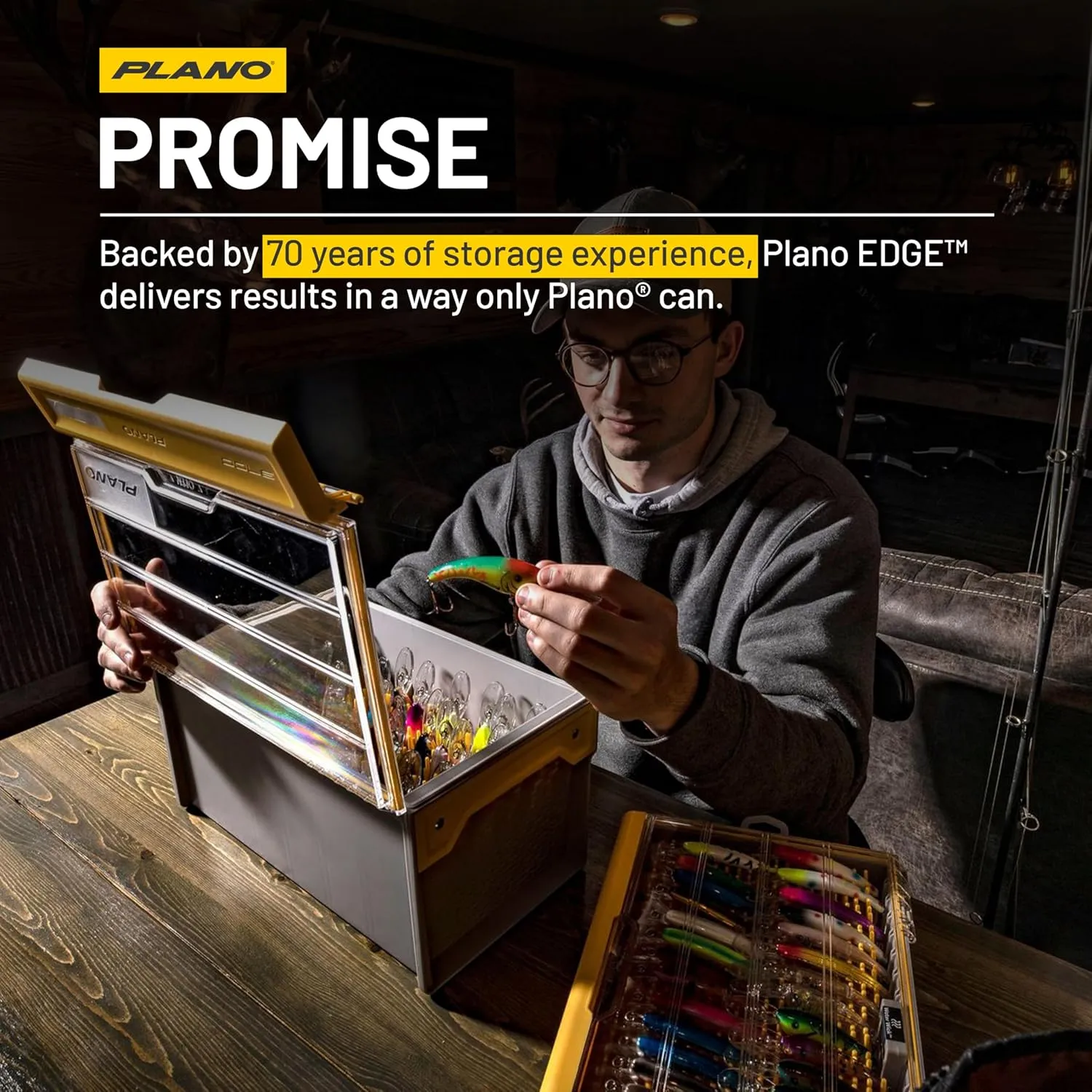 Plano EDGE Premium Spinnerbait Tackle Utility Box, Clear and Yellow, Rust-Resistant Storage, Waterproof Tackle Tray Organizer for Buzz Baits, Swimbaits, and Crankbaits