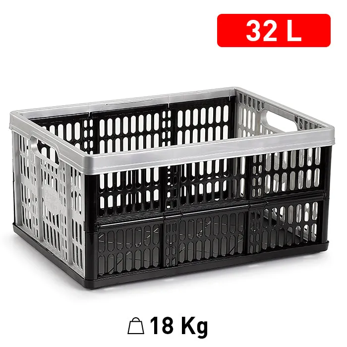 Plastic Forte Folding Box with 2 Side Handles, 30L - Black & Silver