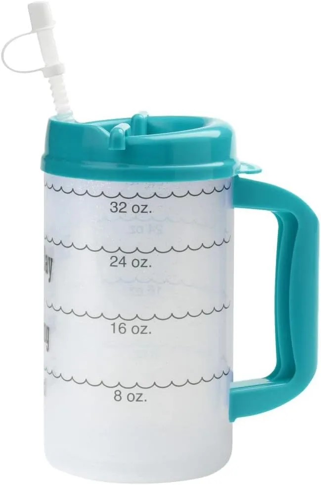 Plum Hill Water Tracking Large Hospital Mug for Daily Intake Measuring Every Day I'm Guzzling - Flexible Straw with Cap, 32 oz Teal with Lid and Handle, Insulated Clear Cup with Ounces Marked