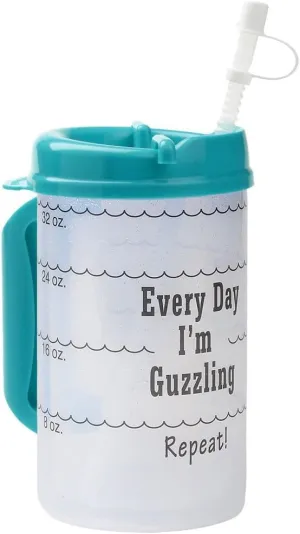 Plum Hill Water Tracking Large Hospital Mug for Daily Intake Measuring Every Day I'm Guzzling - Flexible Straw with Cap, 32 oz Teal with Lid and Handle, Insulated Clear Cup with Ounces Marked