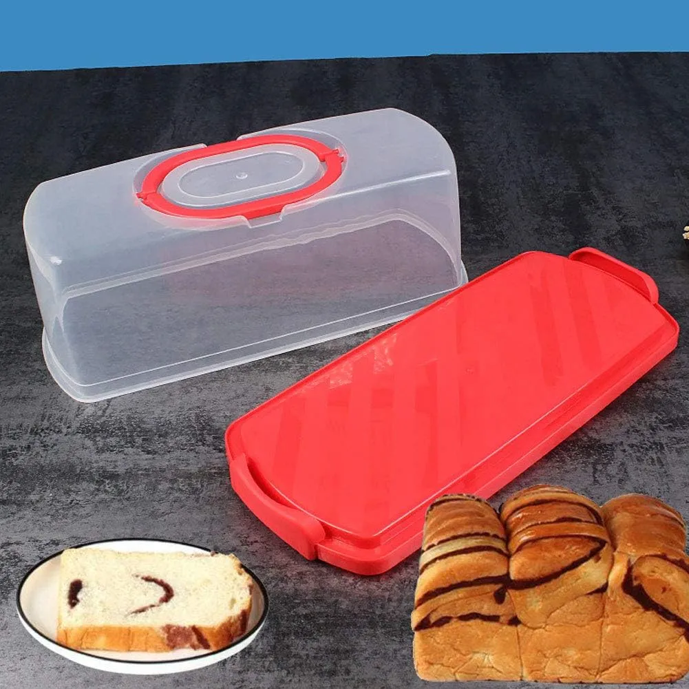 Portable Bread Box with Handle Loaf Cake Container Plastic Rectangular Food Storage Keeper Carrier 13inch Translucent Dome for Pastries, Bagels, Bread Rolls, Buns or Baguettes (Red)