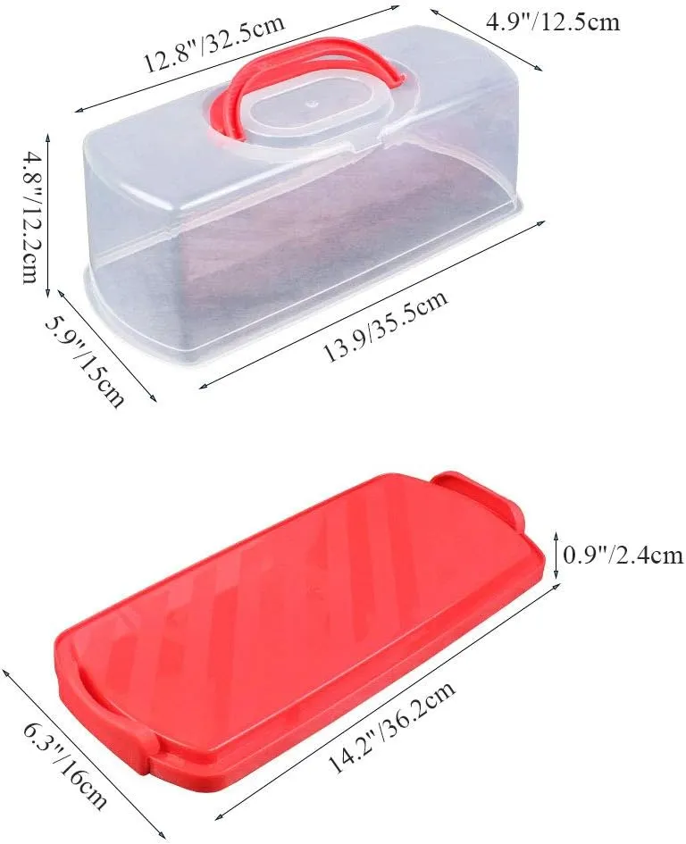 Portable Bread Box with Handle Loaf Cake Container Plastic Rectangular Food Storage Keeper Carrier 13inch Translucent Dome for Pastries, Bagels, Bread Rolls, Buns or Baguettes (Red)