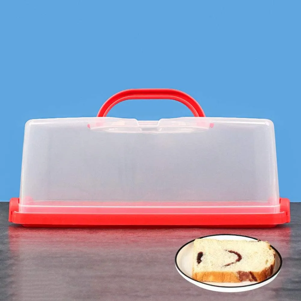 Portable Bread Box with Handle Loaf Cake Container Plastic Rectangular Food Storage Keeper Carrier 13inch Translucent Dome for Pastries, Bagels, Bread Rolls, Buns or Baguettes (Red)