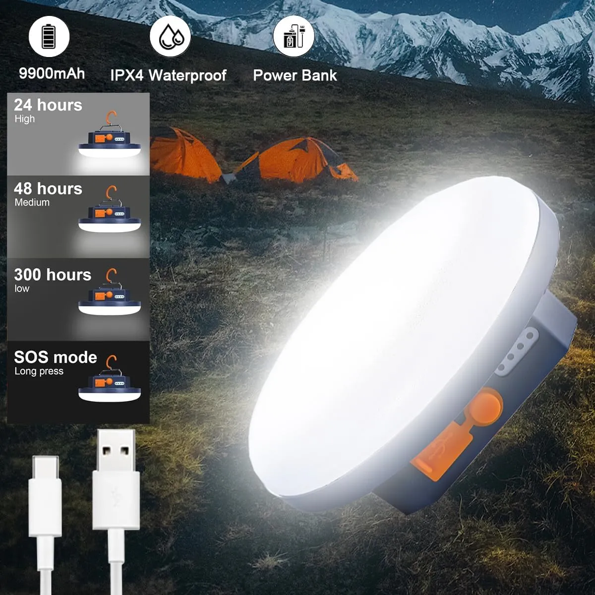 Portable Camping Lights, Camping Lantern Rechargeable, 9900mAh Power Bank LED Tent Light, 2000 Lumen Outdoor Work Light with Magnet for Emergency, Power Cuts, Fishing, Hiking and More