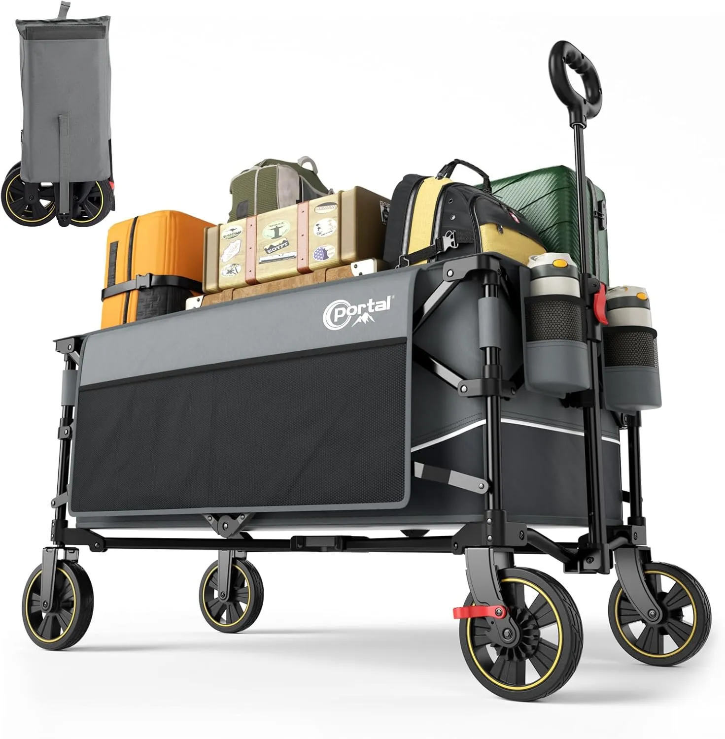 POTAL Foldable Wagons Carts with Wheels, 5 ft³ Collapsible Grocery Cart on Weels with Brakes, Folding Utility Pull Wagon Cart Heavy Duty for Camping Outdoor, Gardening, Sports