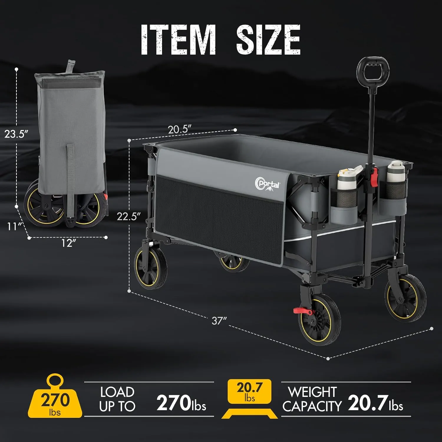 POTAL Foldable Wagons Carts with Wheels, 5 ft³ Collapsible Grocery Cart on Weels with Brakes, Folding Utility Pull Wagon Cart Heavy Duty for Camping Outdoor, Gardening, Sports