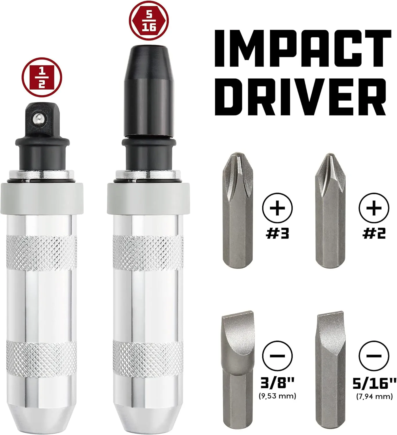 Powerbuilt 1/2 Inch Drive Impact Driver Set Extractor Tool, Slotted or Phillips Screwdriver Bits, Remove Rusted, Damaged Screws - 648002, Large