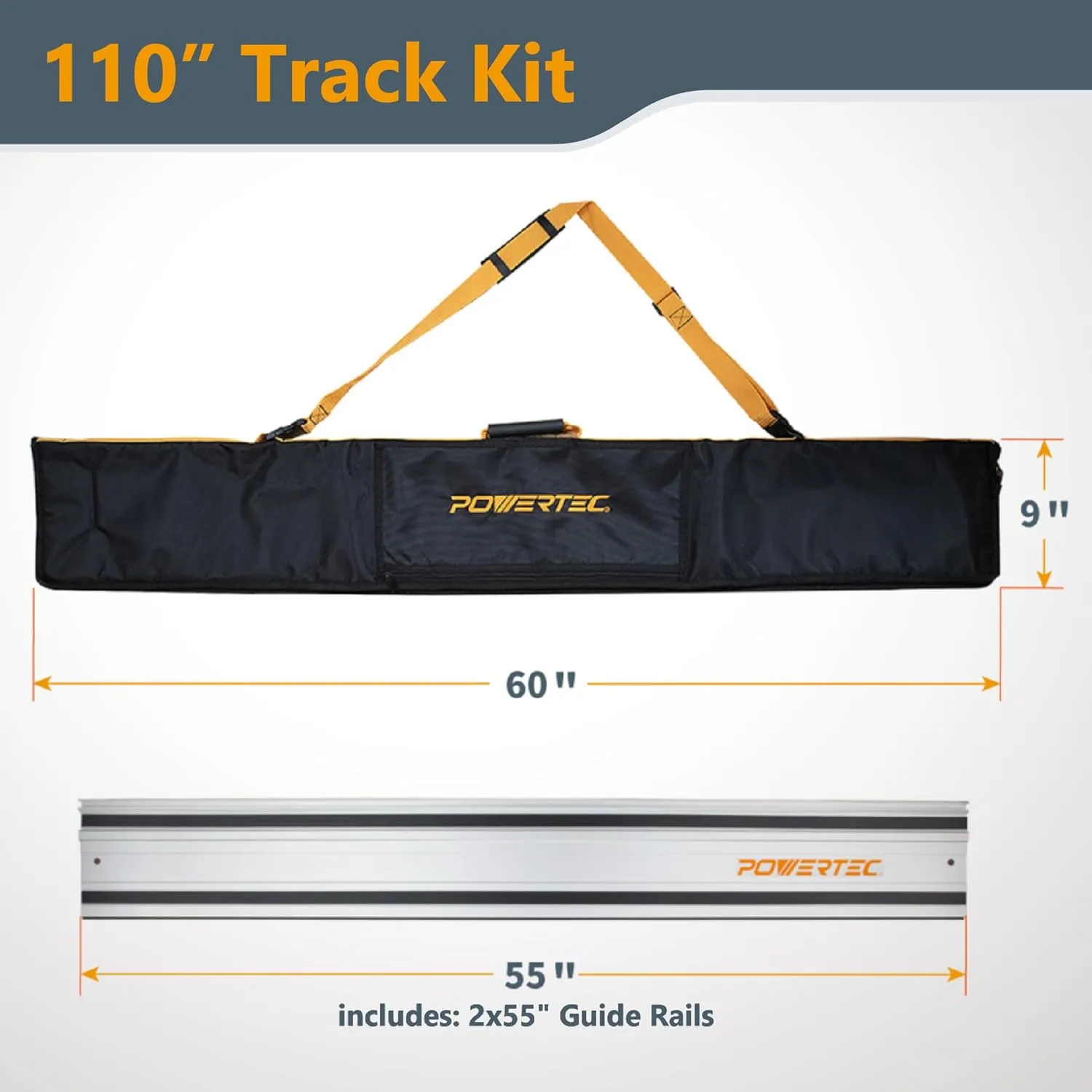 POWERTEC 110" Track Saw Guide Rail Kit for Makita and Festool, Includes 2PK 55" Guide Rails, Protective Guide Rail Bag, 2PK Guide Rail Connectors, and 2PK Track Saw Clamps (71885)
