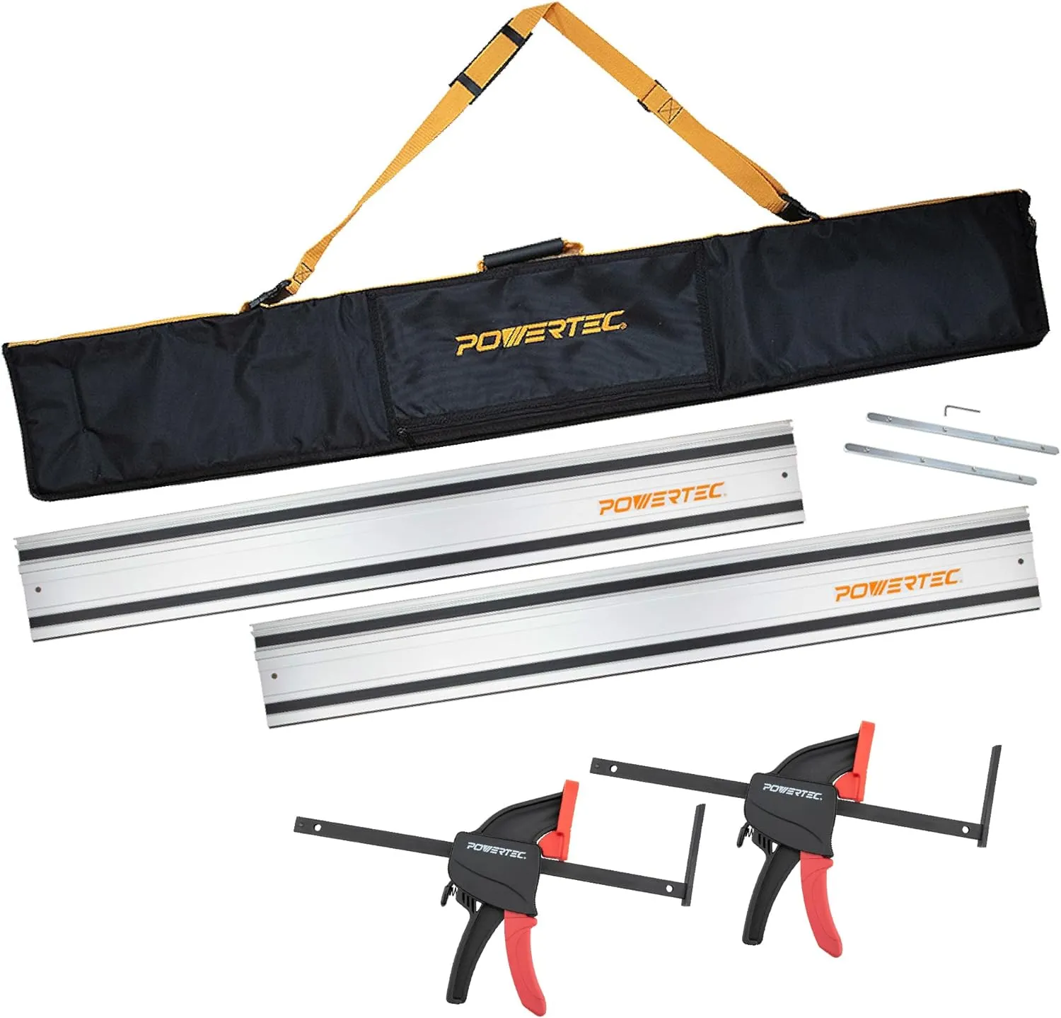 POWERTEC 110" Track Saw Guide Rail Kit for Makita and Festool, Includes 2PK 55" Guide Rails, Protective Guide Rail Bag, 2PK Guide Rail Connectors, and 2PK Track Saw Clamps (71885)