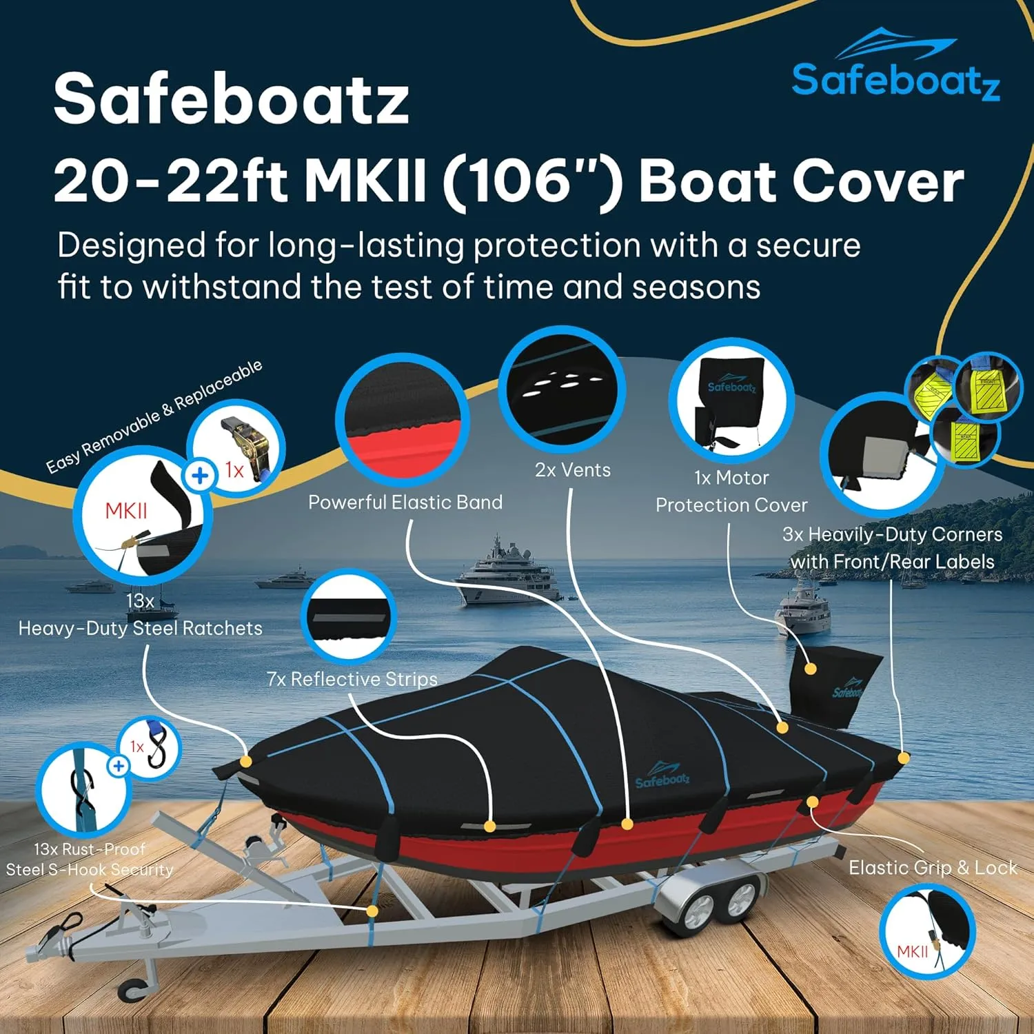 Premium Boat Cover 20–22ft MK2 | 900D Marine-Grade Polyester | 13x Steel Ratchets & 13x Rust-Proof Steel S-Hooks | UV & Waterproof | V-Hull, Pontoon, Bass | 1 1 Yr Warranty