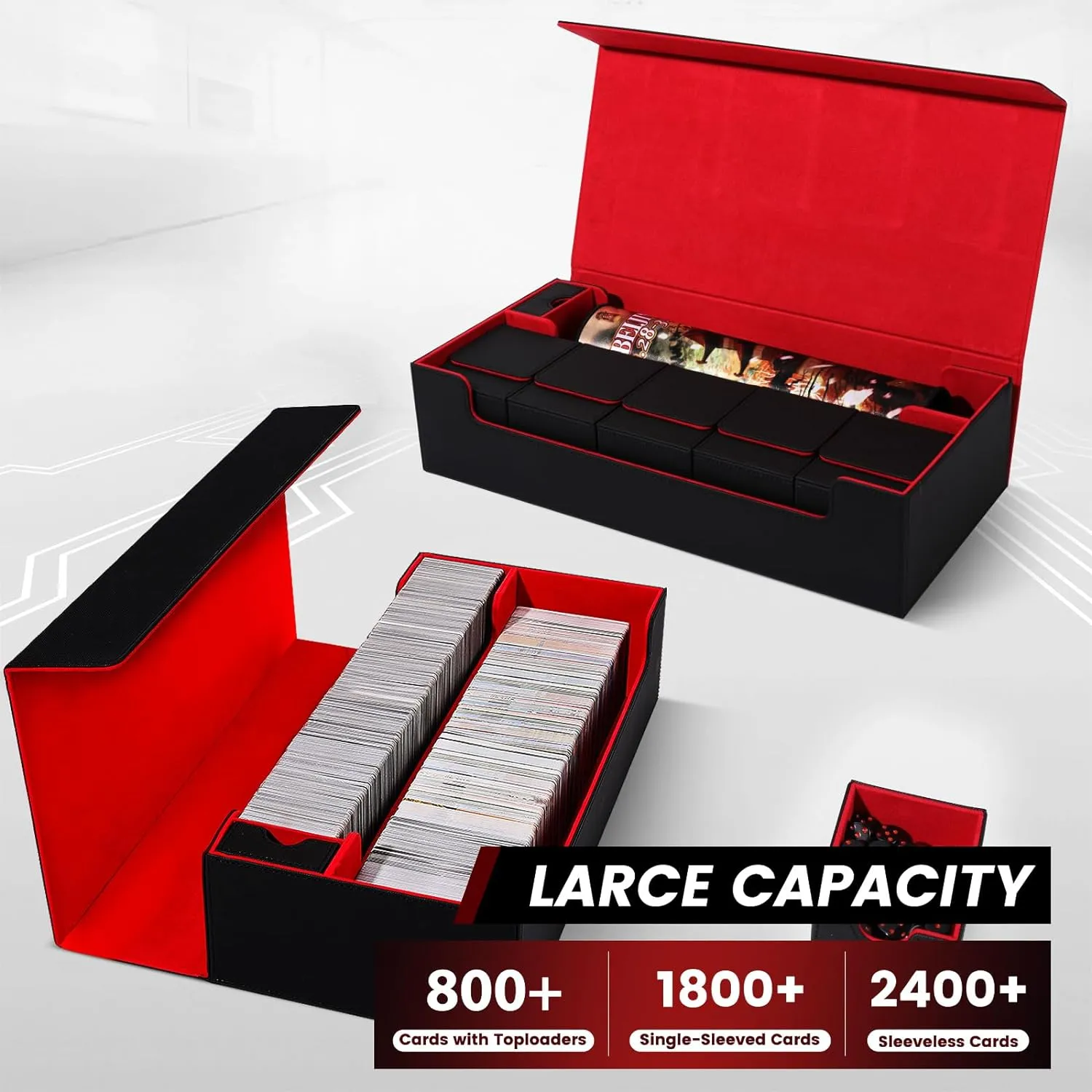 Premium Trading Card Storage Case TCG Deck Box Holds 800  Sleeved Cards for MTG, YuGiOh, Uno, Sport with Strong Magnet Closure (Black & Red)