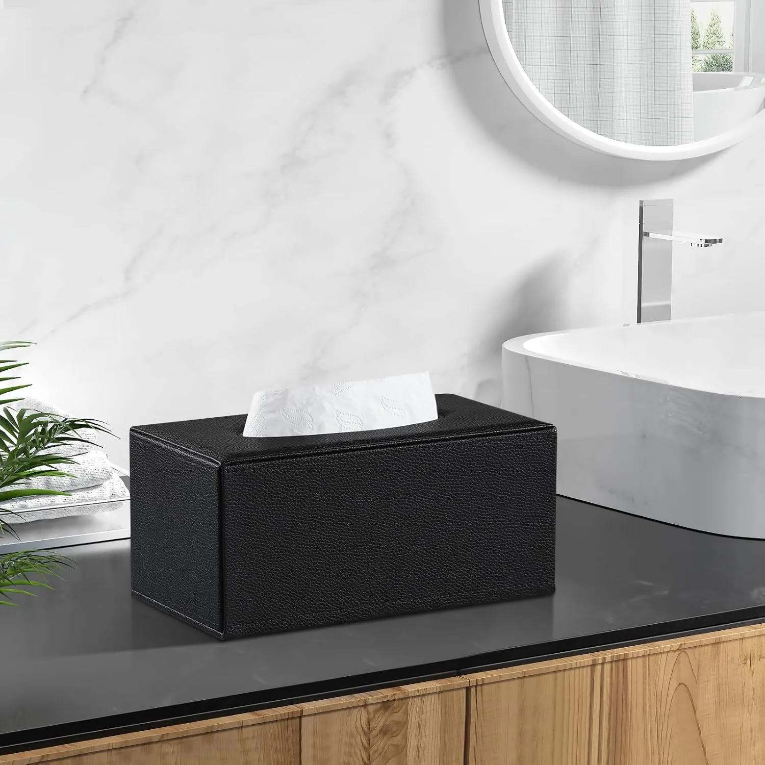 PU Leather Tissue Box Cover Rectangle Tissue Box Holder with Magnetic Closure, Decorative Tissue Holder for Bathroom Bedroom Office (Black)