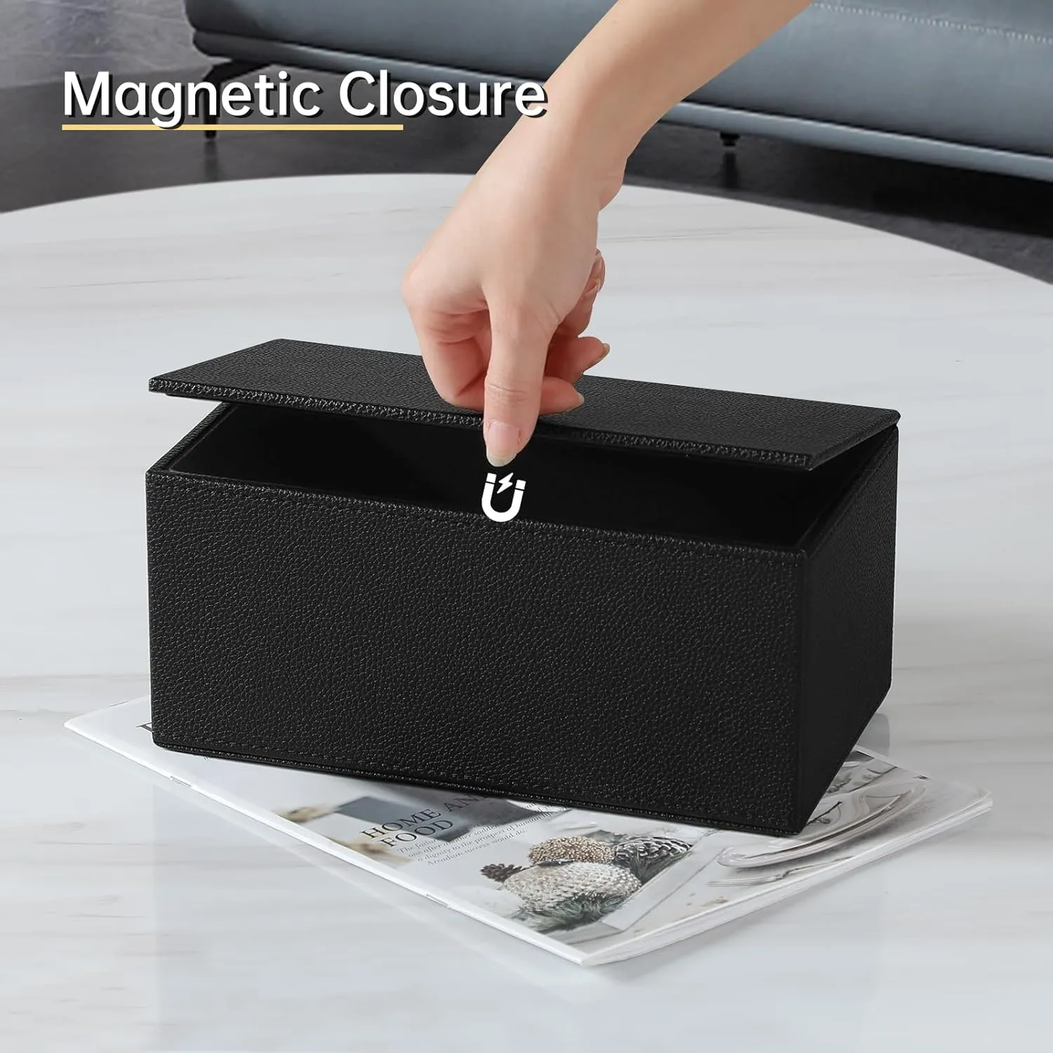 PU Leather Tissue Box Cover Rectangle Tissue Box Holder with Magnetic Closure, Decorative Tissue Holder for Bathroom Bedroom Office (Black)