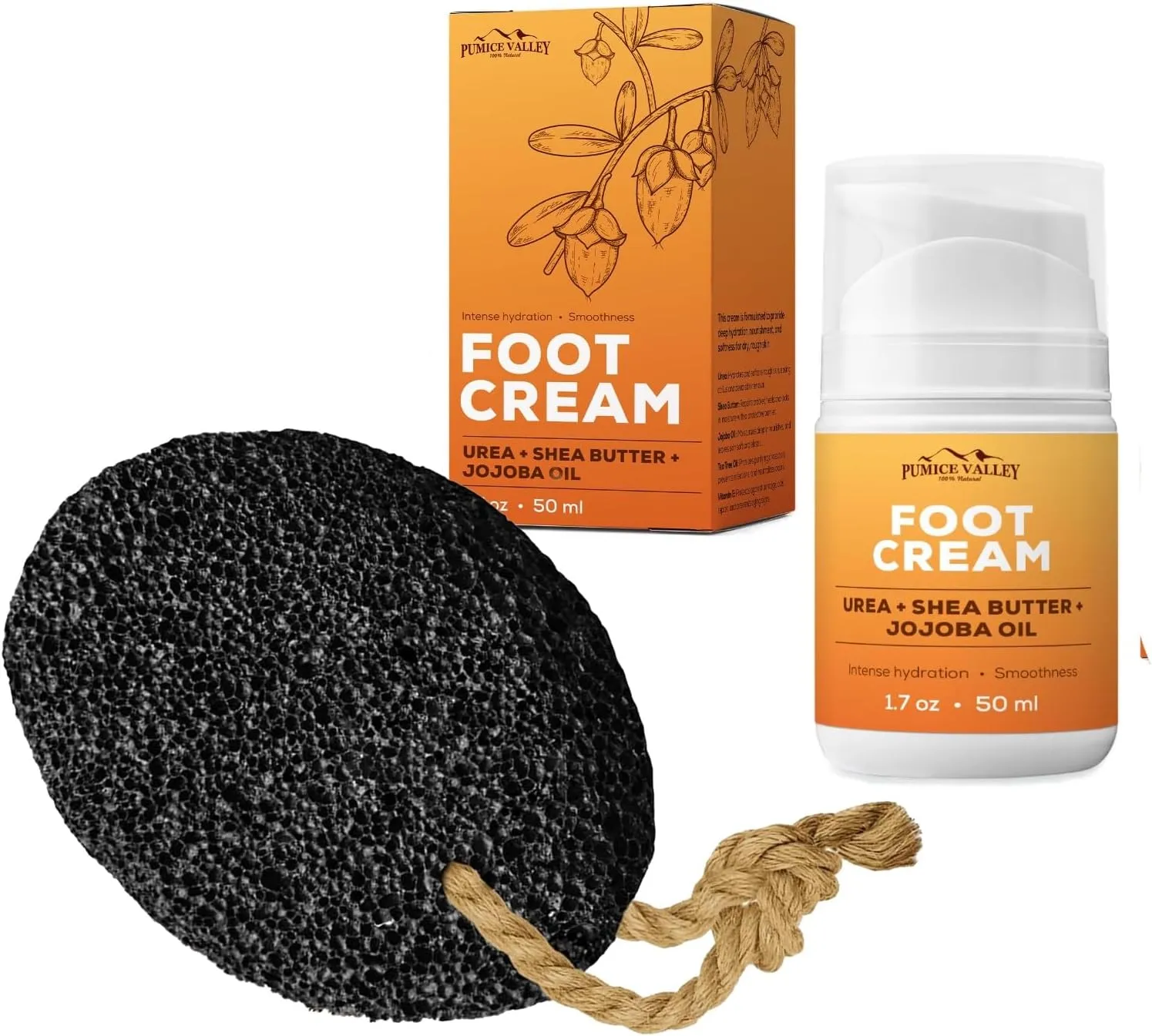 Pumice Valley Pumice Stone - Natural Earth Lava Black Foot Cream for Dry Cracked Feet and Heels - Urea, Shea Butter, Jojoba Oil, Vitamin E 1.7 Oz