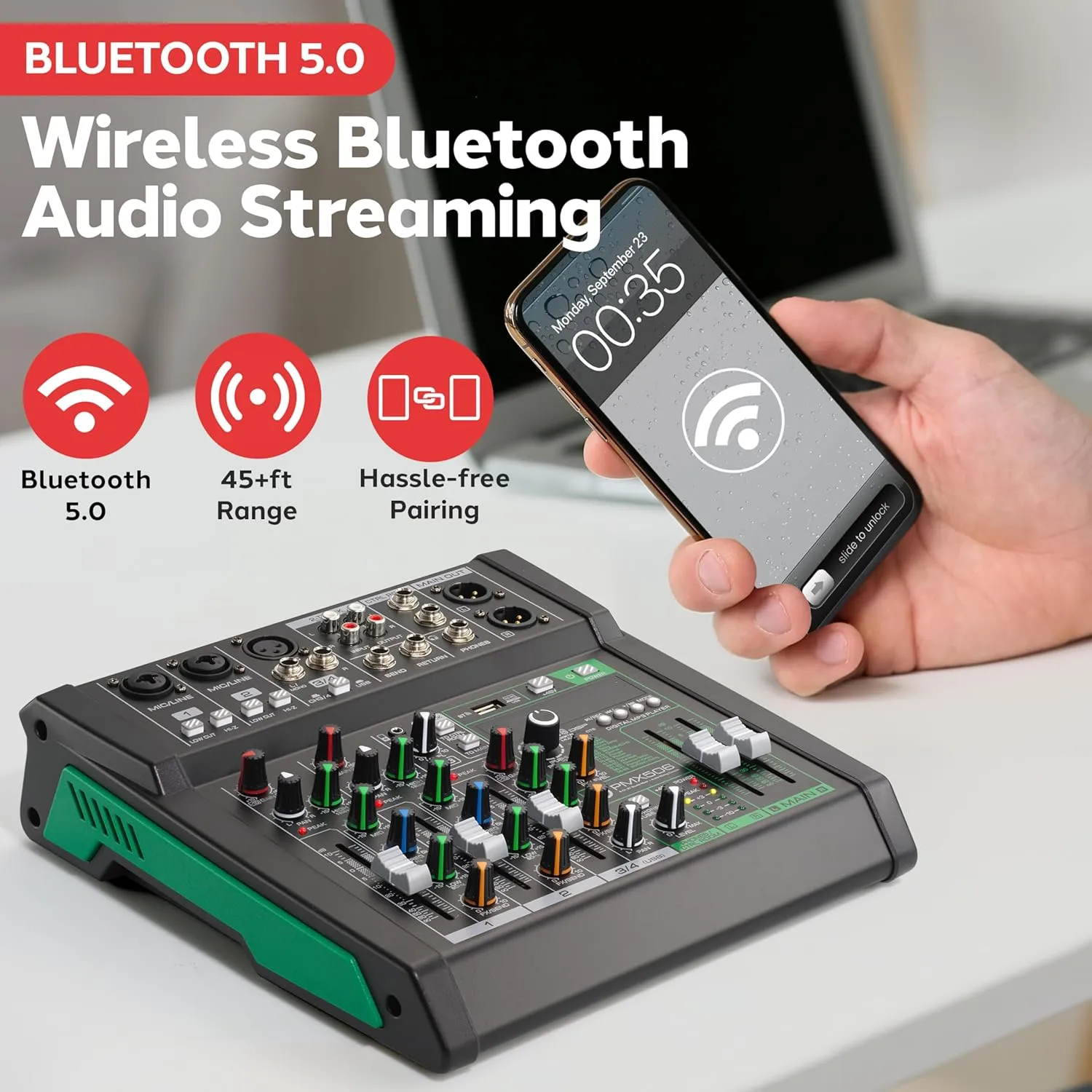 Pyle 6-Channel Audio Mixer - Bluetooth 5.0 Studio Mixer/DJ Controller with Digital Effects - USB Interface - MP3 Compatible - XLR Inputs and LED Display - Audio Mixing Sound Board System - PMX506