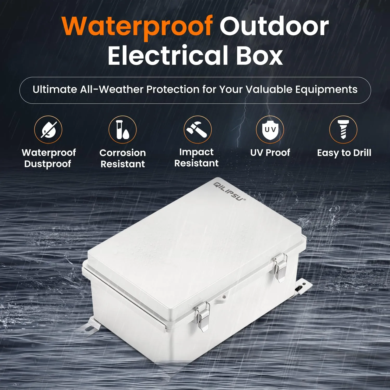 QILIPSU Waterproof Junction Box Outdoor Electrical Enclosure IP67 Plastic Weatherproof Project Box with Mounting Plate, Wall Brackets, Hinged Grey Cover 11.2"x7.7"x5.1"