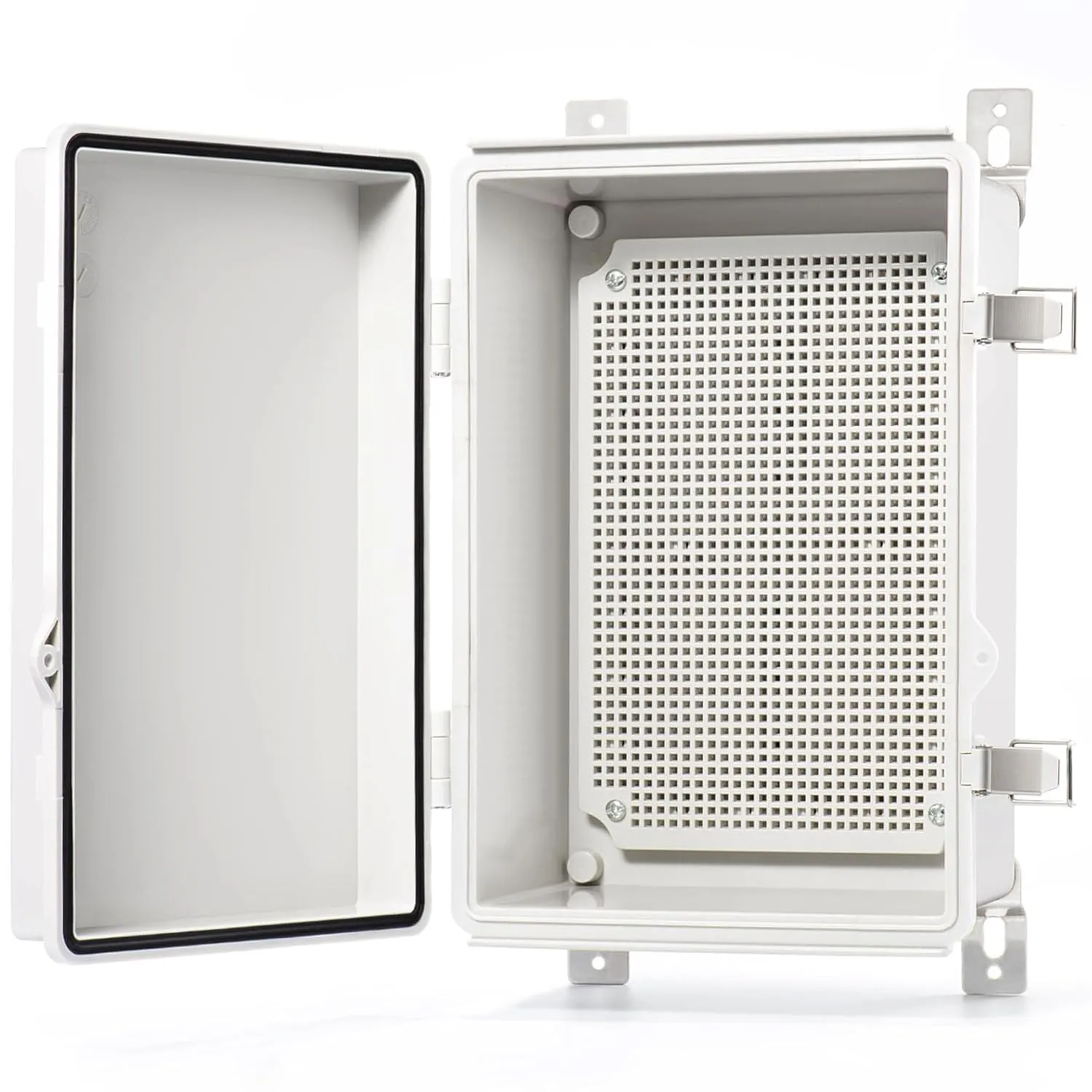 QILIPSU Waterproof Junction Box Outdoor Electrical Enclosure IP67 Plastic Weatherproof Project Box with Mounting Plate, Wall Brackets, Hinged Grey Cover 11.2"x7.7"x5.1"