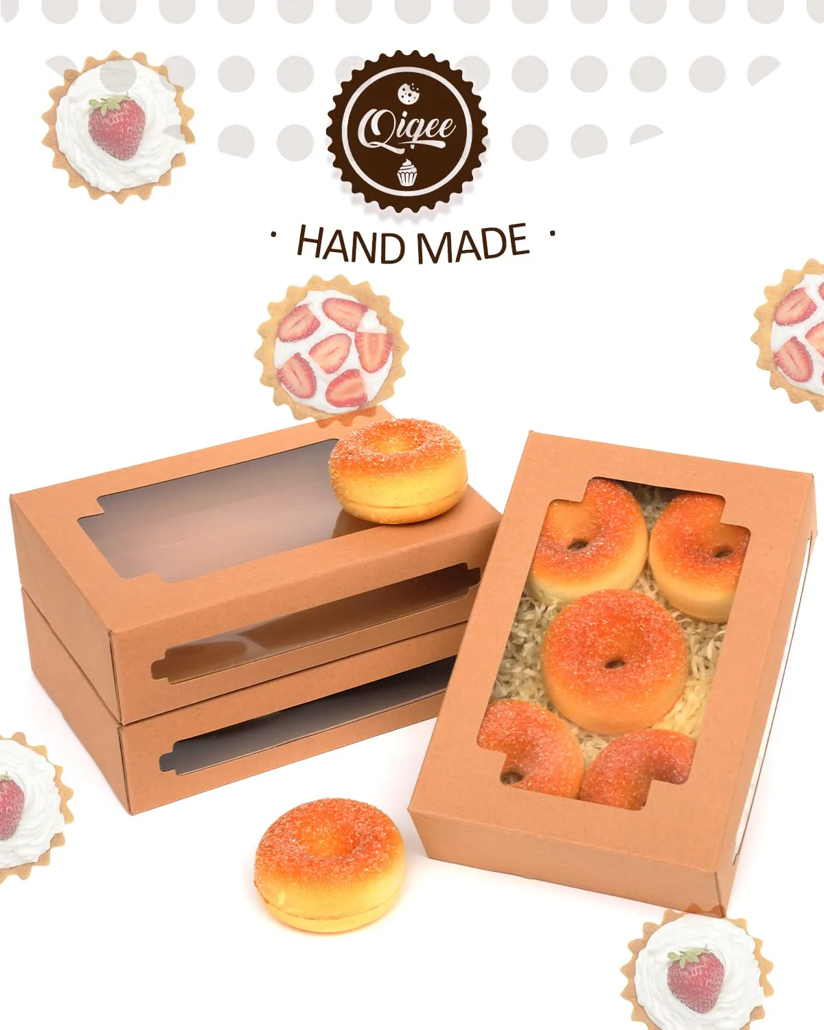 qiqee 50Packs Auto-pop up Kraft Cookie Boxes for Gift Giving 8x5.3x2 inch Brown Treat Box with Window One Second Folding Bakery Box for Donuts Candies and Biscuit