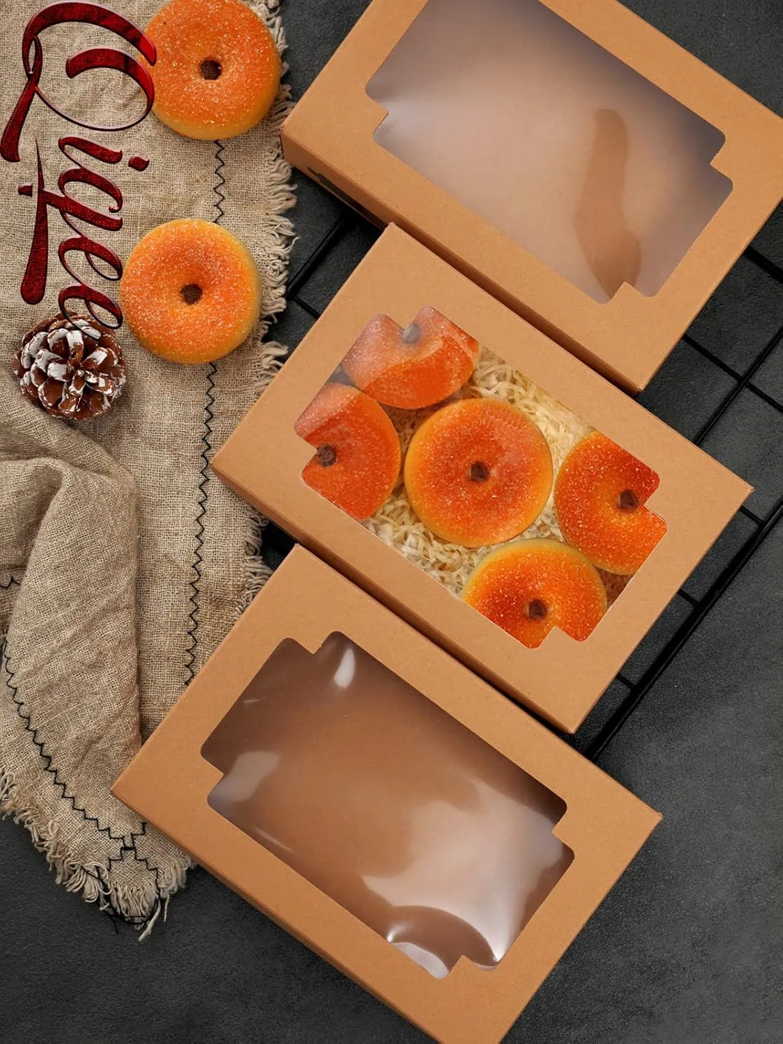qiqee 50Packs Auto-pop up Kraft Cookie Boxes for Gift Giving 8x5.3x2 inch Brown Treat Box with Window One Second Folding Bakery Box for Donuts Candies and Biscuit