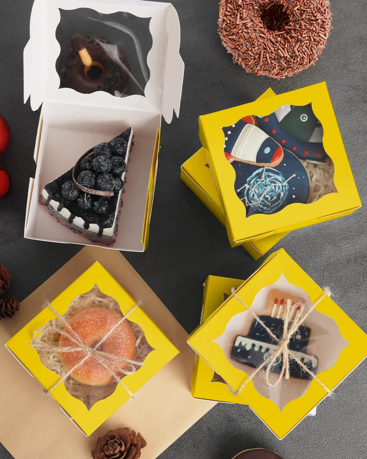 qiqee Yellow Bakery Boxes with Window 55pcs 4x4x2.5 Mini Cookie Boxes Macaron Boxes Small Donut Pastry Boxes for Party
