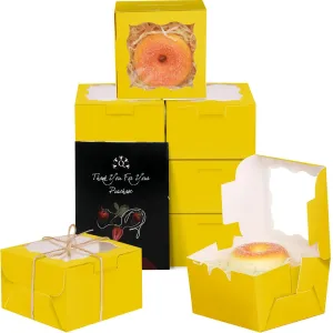qiqee Yellow Bakery Boxes with Window 55pcs 4x4x2.5 Mini Cookie Boxes Macaron Boxes Small Donut Pastry Boxes for Party