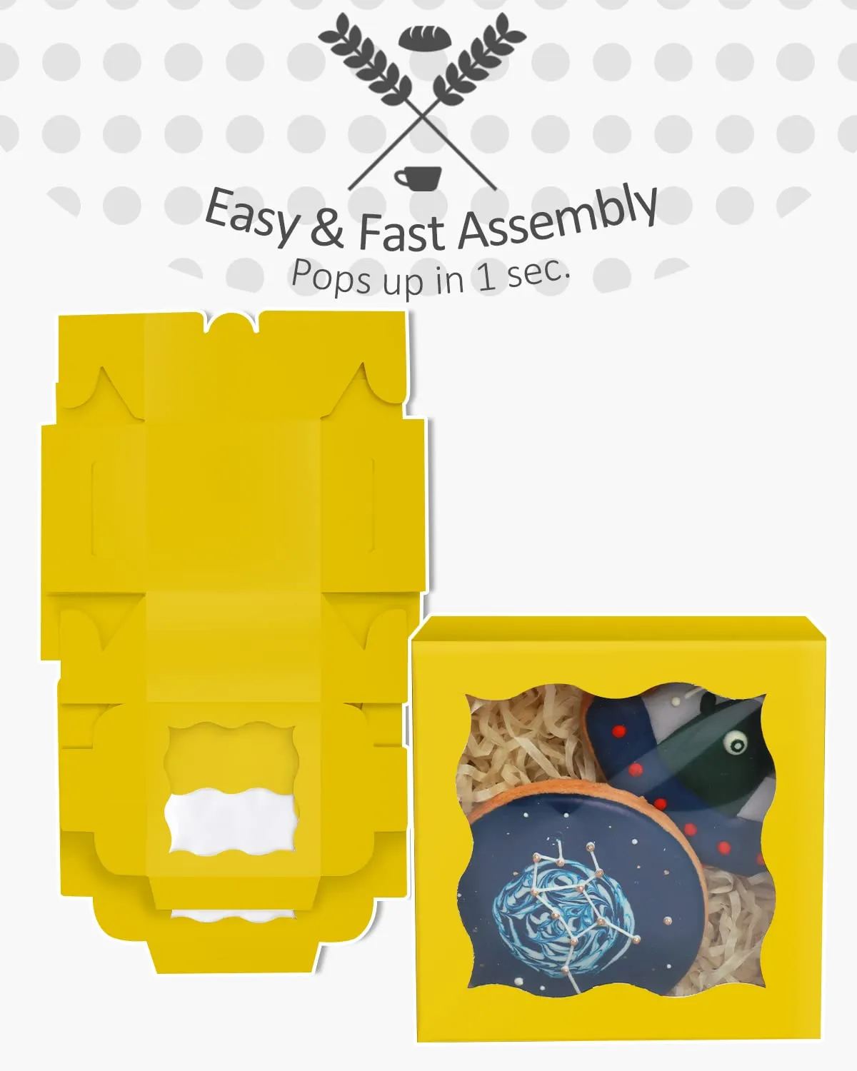 qiqee Yellow Bakery Boxes with Window 55pcs 4x4x2.5 Mini Cookie Boxes Macaron Boxes Small Donut Pastry Boxes for Party