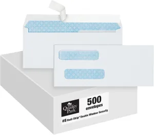 Quality Park #8 Double Window Envelopes, Self Seal Security Envelopes for QuickBooks Checks, 3 5/8" x 8 11/16", 24 lb White, 500 per Box (QUA50766)
