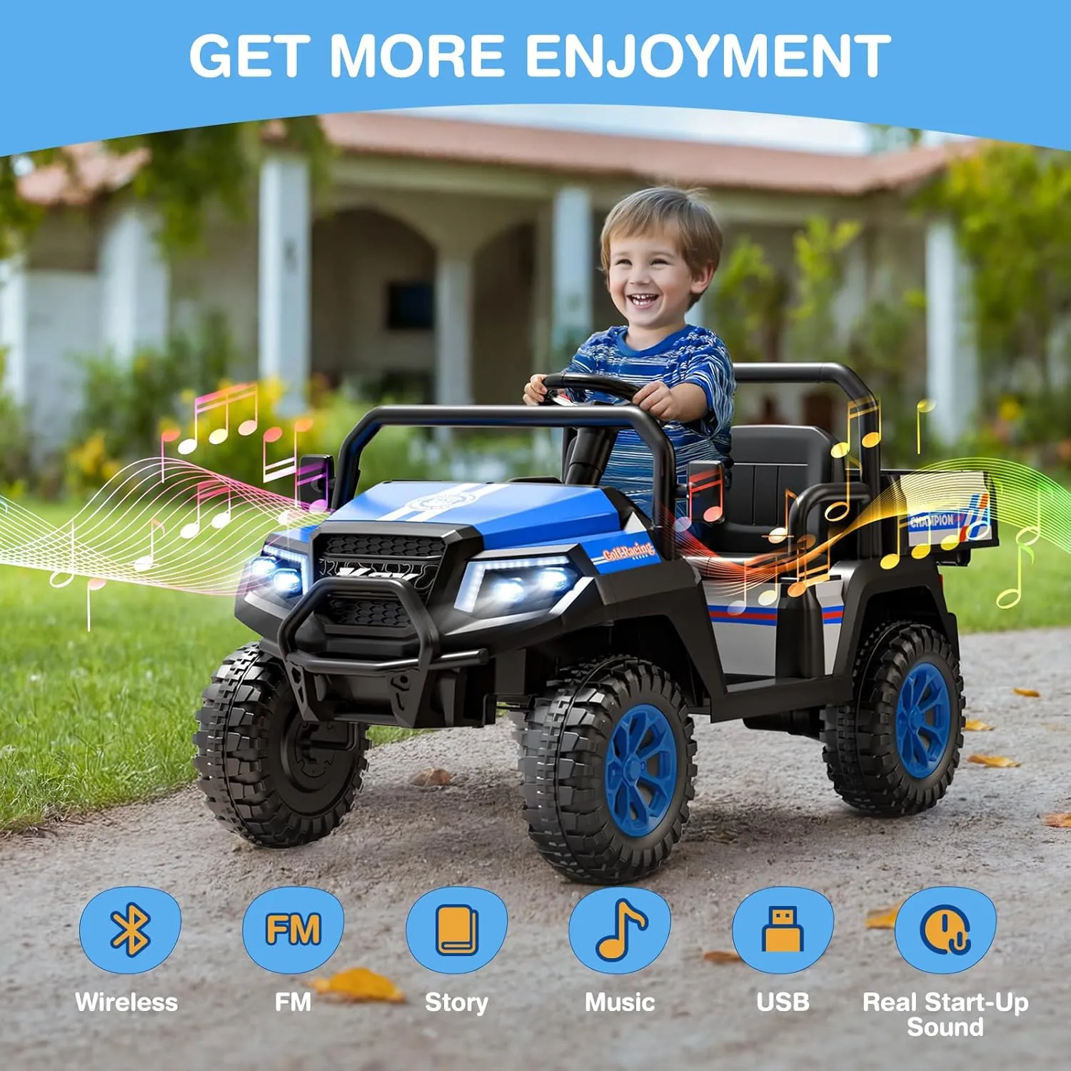 R8 12V Ride on Car, 2-Seater Electric Car for Big Kids, 4-Wheel Suspension w/Remote Control, Pickup Trunk Bed, Extra Shovel, Battery Indication, 2 Speeds, Music, Wireless, LED Lights