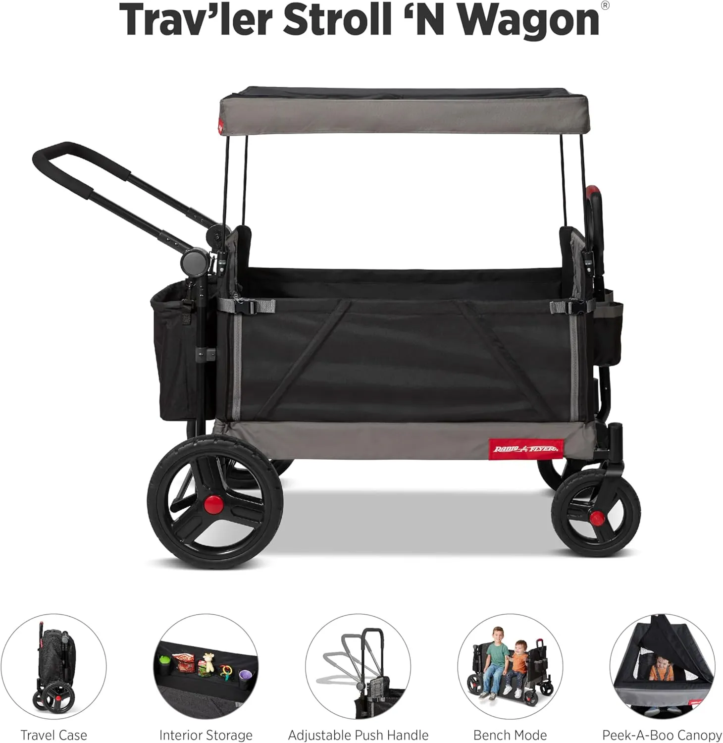 Radio Flyer Stroller Wagon for Kids Ages 1 and Up, Push and Pull Wagon with Canopy, Black