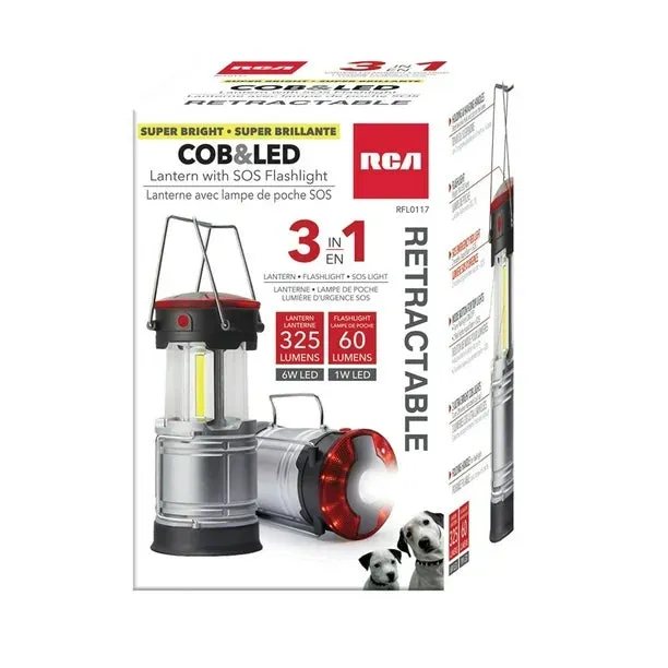 RCA 3-in-1 Retractable Lantern, Led Flashlight & SOS Mode- RFL0117