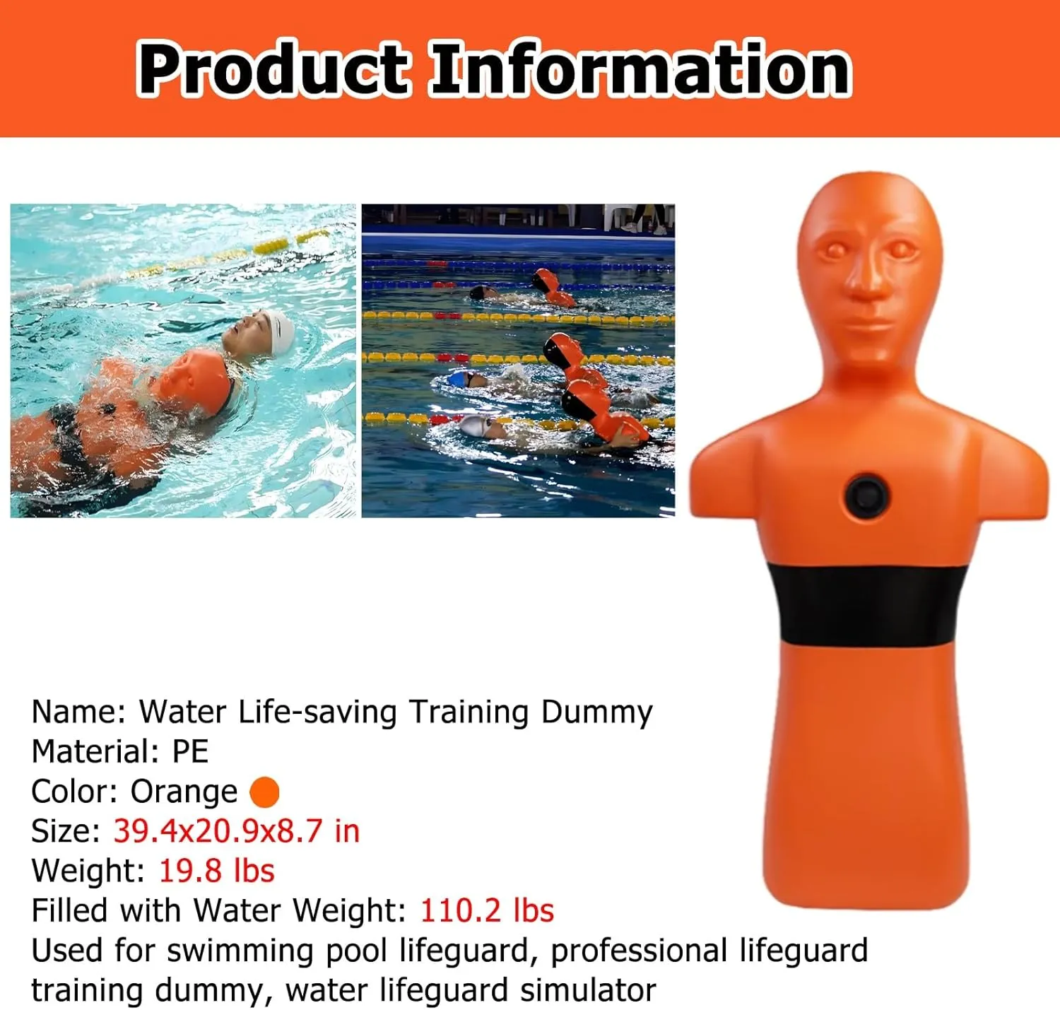 Realistic PE Water Rescue Training Dummy, 3.3ft Fire Training Drill Dummy for Kid Adult, Drowning Prevention Teaching Tools with 3 Inlet & Outlet Holes Orange Yellow(Orange,Set of 2)