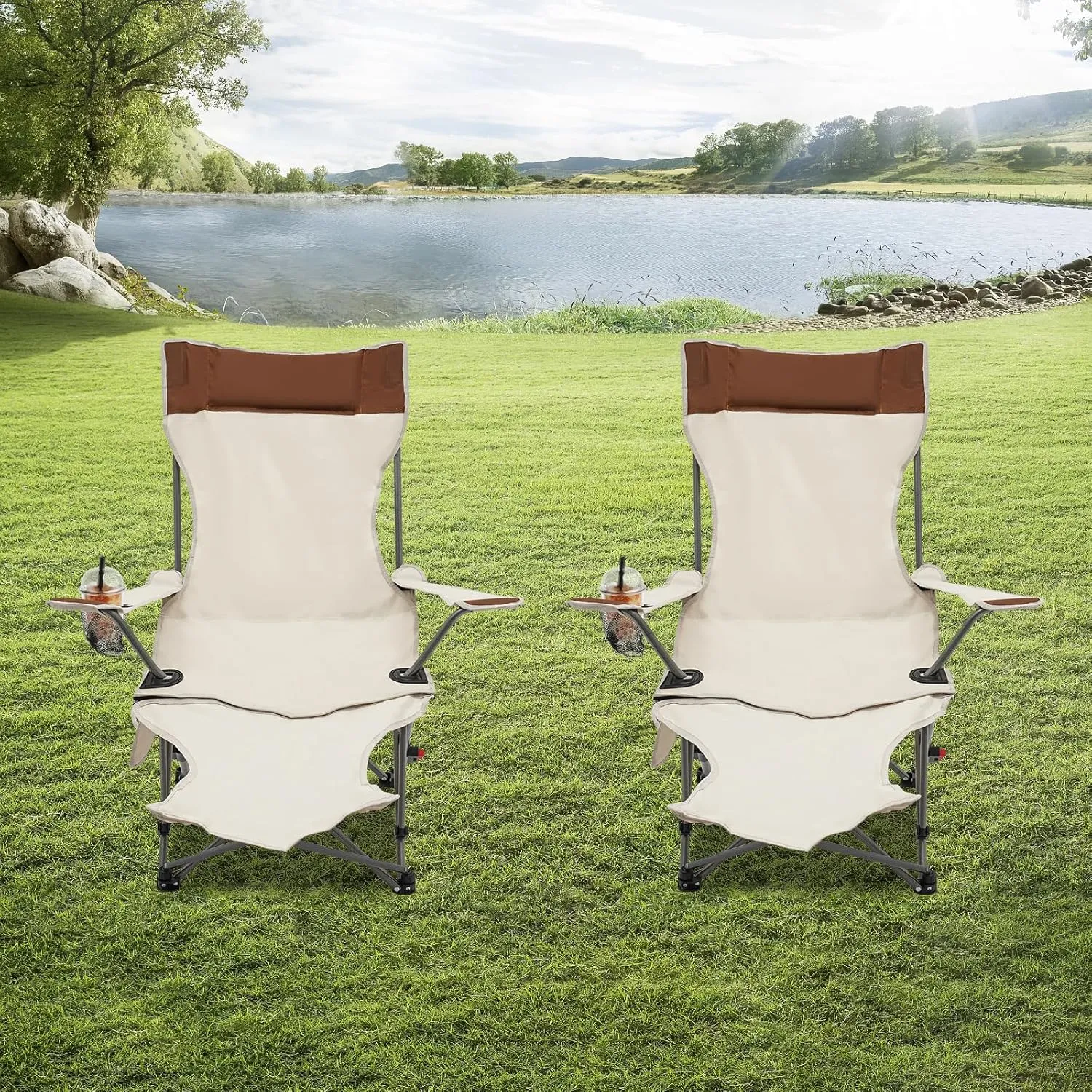 Reclining Camping Chair with Footrest, Portable Beach Lounge Chair 2 Pcs Adjustable Folding Outdoor Chair with Carry Bag Cup Holder for Lawn Patio Picnics Outdoor Activities