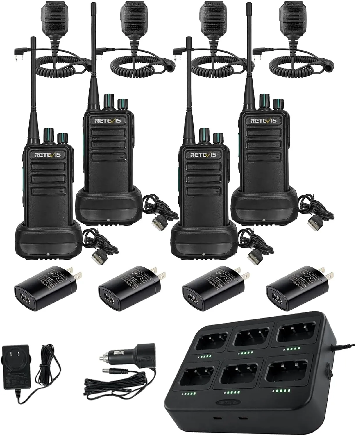 Retevis RB29 2 Way Radio(4 Pack) Bundle with Six Way Charger(1 Pack) Long Range,Two Way Radios with Waterproof Shoulder Mic,USB Charging Base,Rugged Walkie Talkies Rechargeable