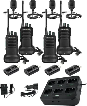 Retevis RB29 2 Way Radio(4 Pack) Bundle with Six Way Charger(1 Pack) Long Range,Two Way Radios with Waterproof Shoulder Mic,USB Charging Base,Rugged Walkie Talkies Rechargeable