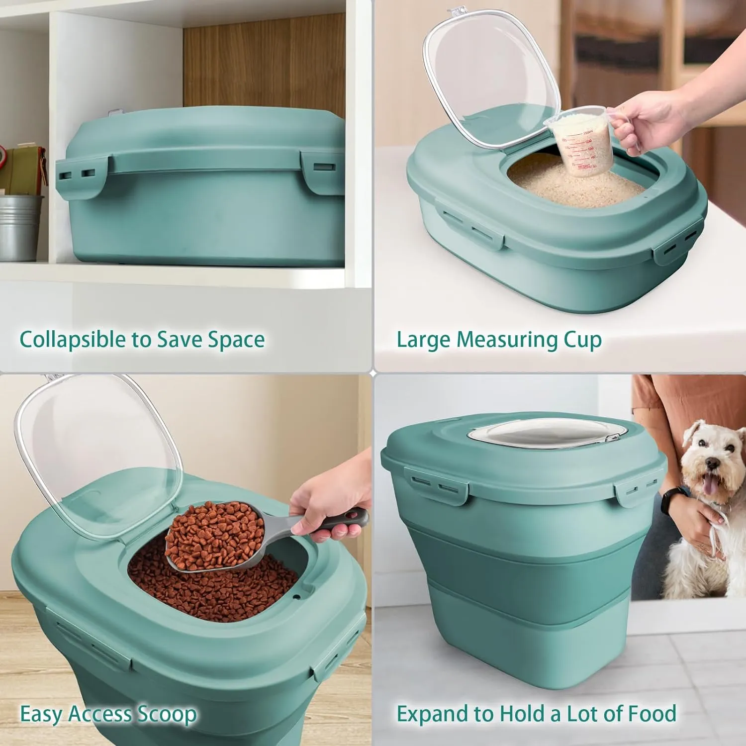 Rice Storage Bin Cereal Containers, 13-50lb Collapsible Rice Container Dispenser with Transparent Lid, Rolling Wheels, Measuring Cup and Scoop, Airtight Dog Cat Pet Food Storage Container Green