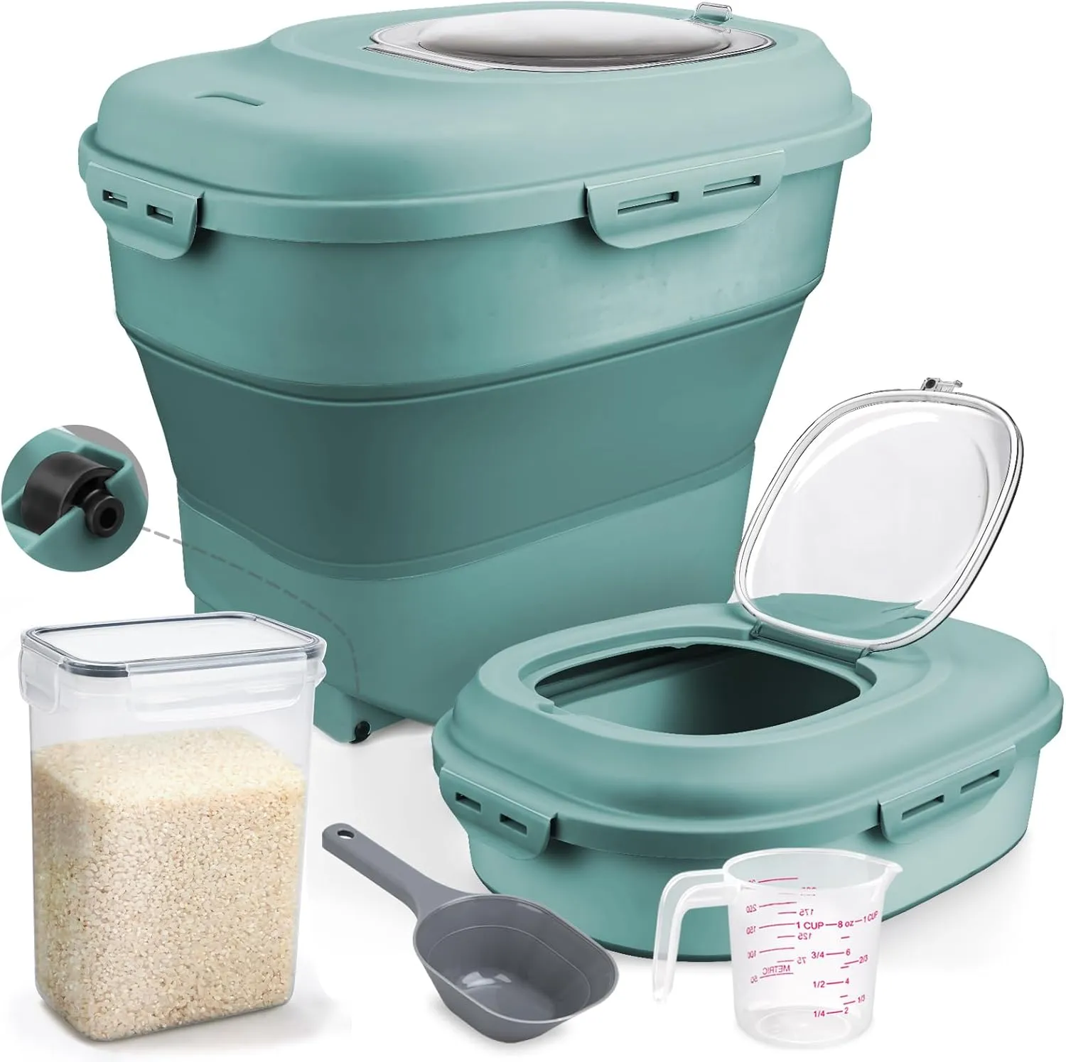Rice Storage Bin Cereal Containers, 13-50lb Collapsible Rice Container Dispenser with Transparent Lid, Rolling Wheels, Measuring Cup and Scoop, Airtight Dog Cat Pet Food Storage Container Green