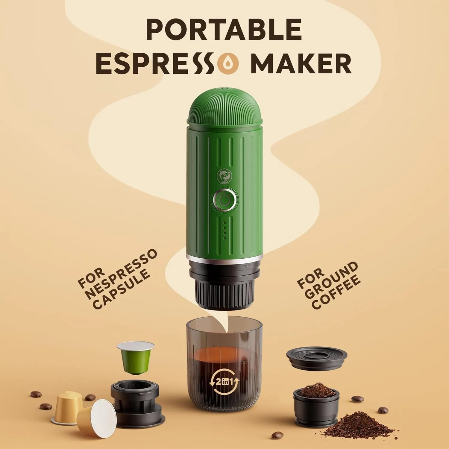 Rich Crema Portable Electric Espresso Coffee Maker, Travel Car Hiking, Fast self-heating 2 IN 1 Extraction System Espresso Machine, Support Ground Coffee and NS capsule, ME2218 (Green)