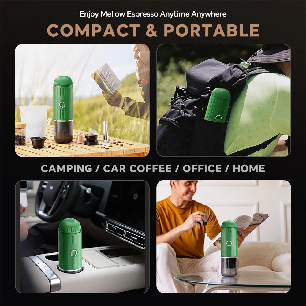 Rich Crema Portable Electric Espresso Coffee Maker, Travel Car Hiking, Fast self-heating 2 IN 1 Extraction System Espresso Machine, Support Ground Coffee and NS capsule, ME2218 (Green)